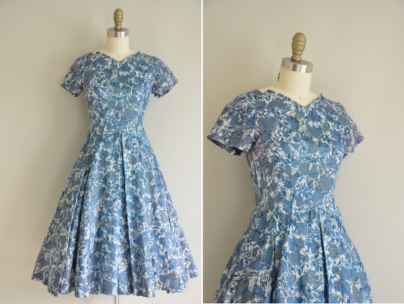 vintage 1950s dress / 50s full skirt cocktail dress dress / 50s gold leaf print dress