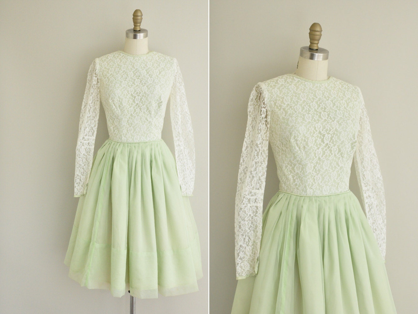 vintage 1950s dress / 50s lace chiffon party dress / 50s celery green full skirt lace dress
