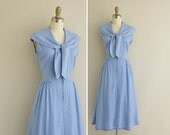 vintage 1950s dress / 50s baby blue polka dot sailor collar dress / 1950s summer nautical dress