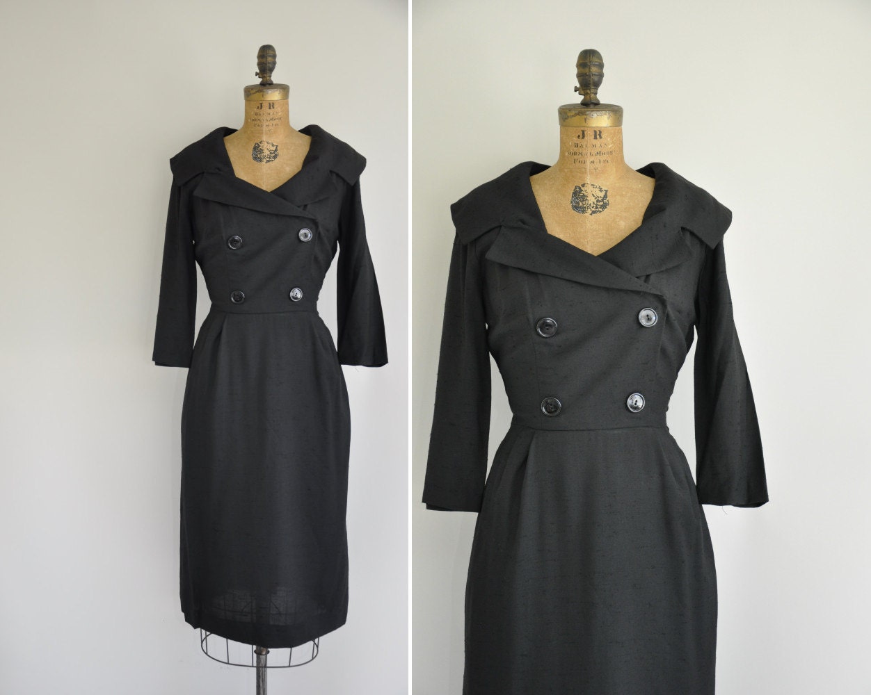 vintage 1950s dress / 50s double breasted button dress / 50s black cotton wiggle dress