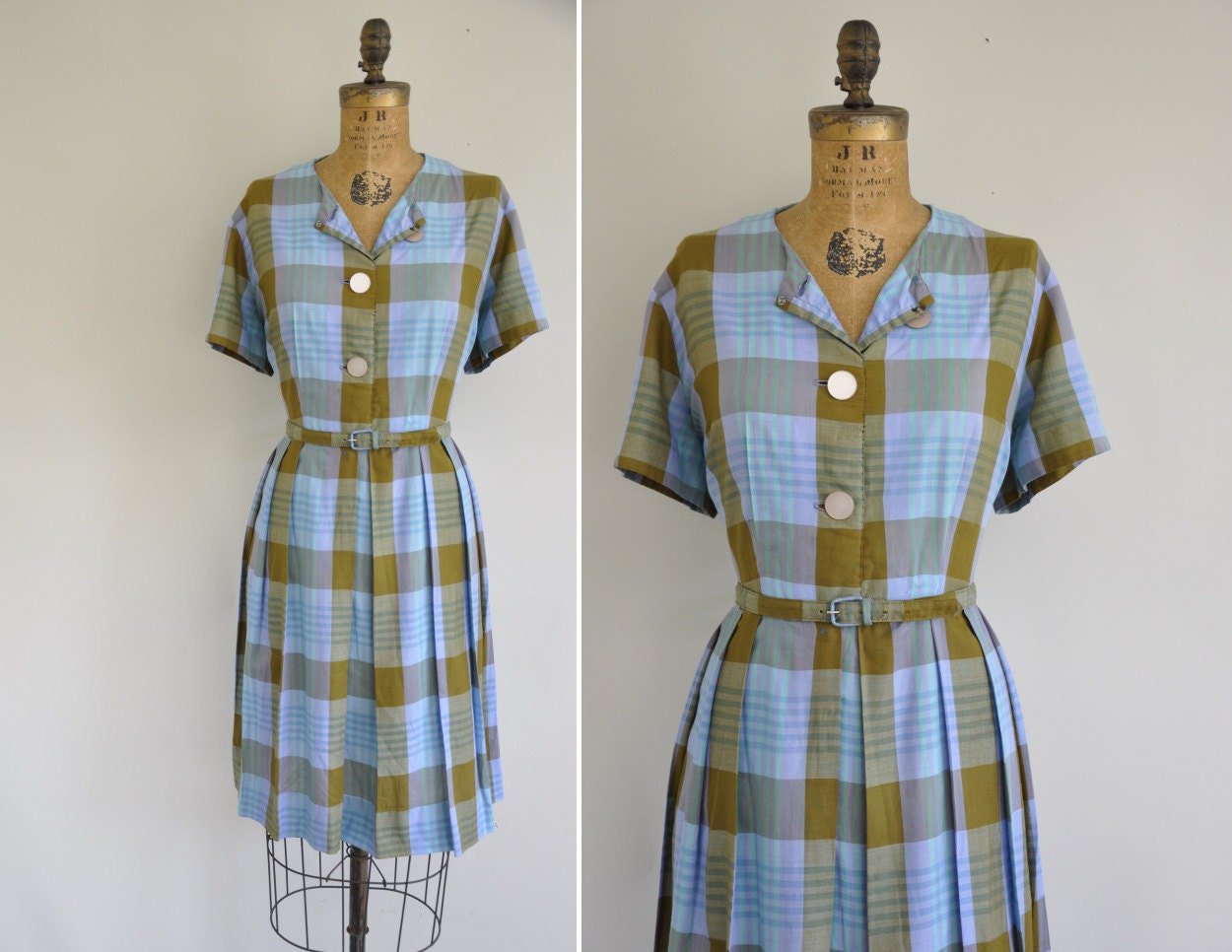 vintage 1950s dress / 50s plaid cotton dress / Plus Size 50s pleated skirt dress