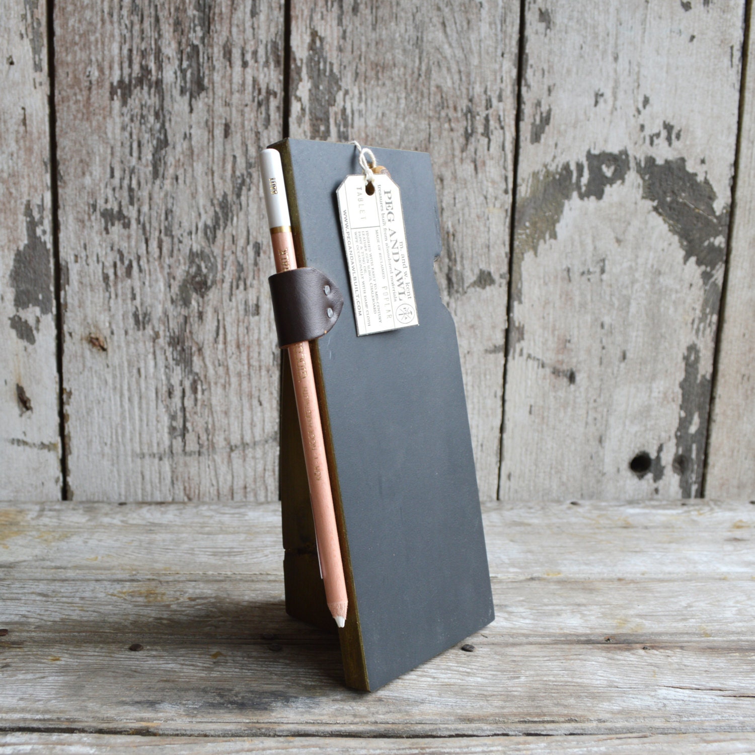 One of a Kind Chalkboard Tablet and Stand: Reclaimed Poplar and leather.