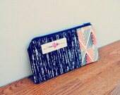 Medium Zippy Pouch - READY TO SHIP - Navy Sketchy with Navy and Orange Diamonds