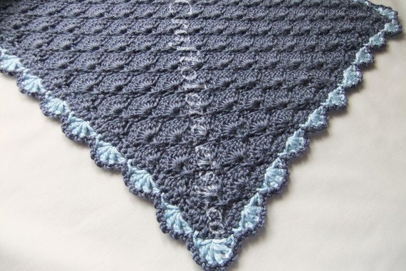 Baby Boy Blankets - Crochet Baby Boy Blankets - Denim Blue Panel Shells Stroller/Travel/Car seat blanket