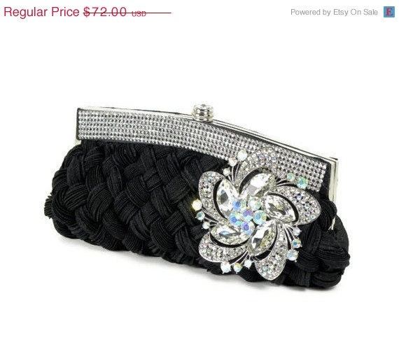 ON SALE Black Clutch, Bridal Clutch, Black Rhinestone Clutch, Evening Bag, Bridesmaid Clutch with Rhinestone Trim and Flower Brooch Accent