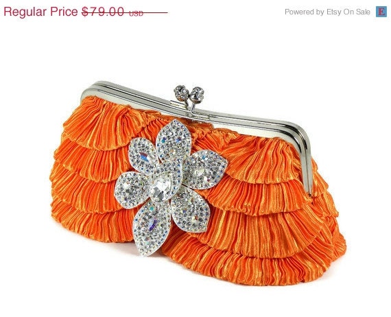 ON SALE Tangerine Destination Wedding Clutch, Orange Clutch, Orchis Brooch, Bridal Clutch, Bridesmaids Clutch, Bridal Accessories