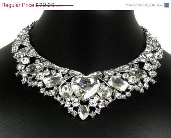 ON SALE Crystal Heart Bridal Statement Necklace Earrings, Wedding Jewelry Set, Bridal Earrings, Vintage Style