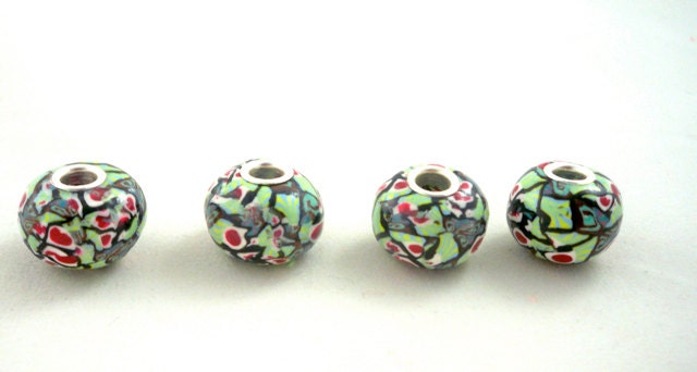 European style bead set of four colorful polymer clay with silver plate grommets
