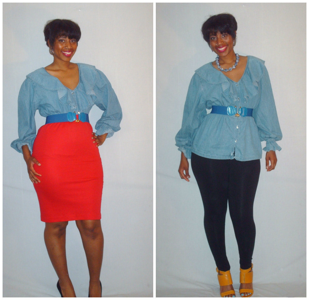 Vintage 1990s Denim Ruffle Collar Blouse