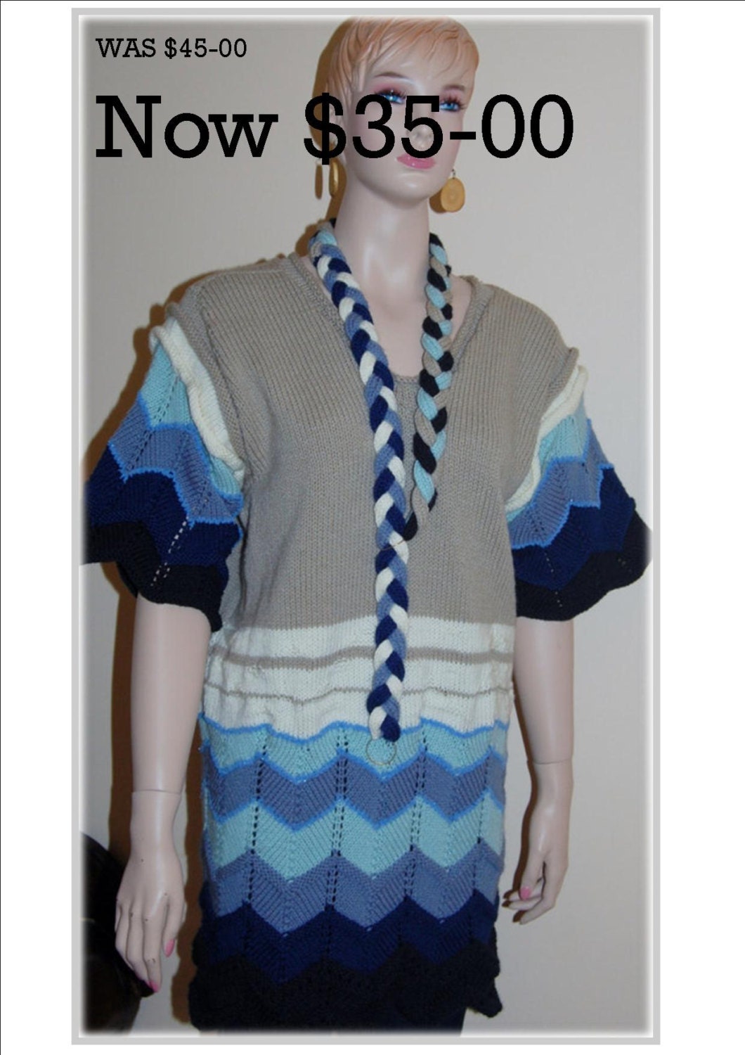 SALE PRICE now USD35  The Waves, Sea and Sand   /   Hand Knitted Dress with Plaited Matching Belt/Necklace