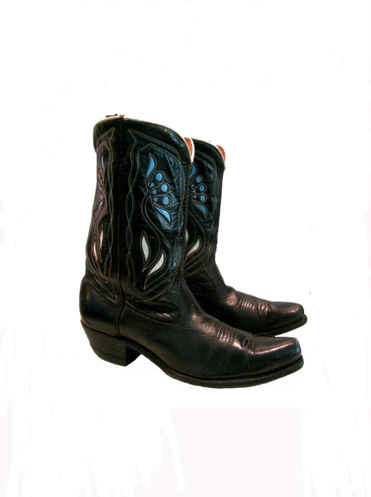 Vintage Acme Cowboy Boots Womens Size 8 Turquoise and Cream Leather Inlay Western Boots