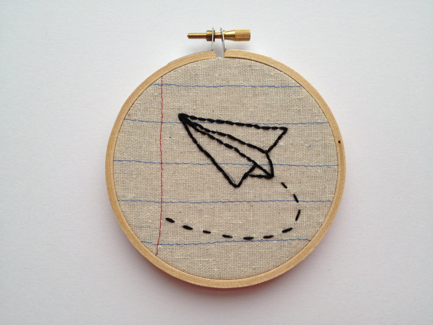 Paper Airplane- Four Inch Embroidery Hoop Wall Art- Machine Stitched and Hand Embroidered