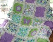 Baby Girl Rag Quilt  Bright purple green and Aqua butterflies