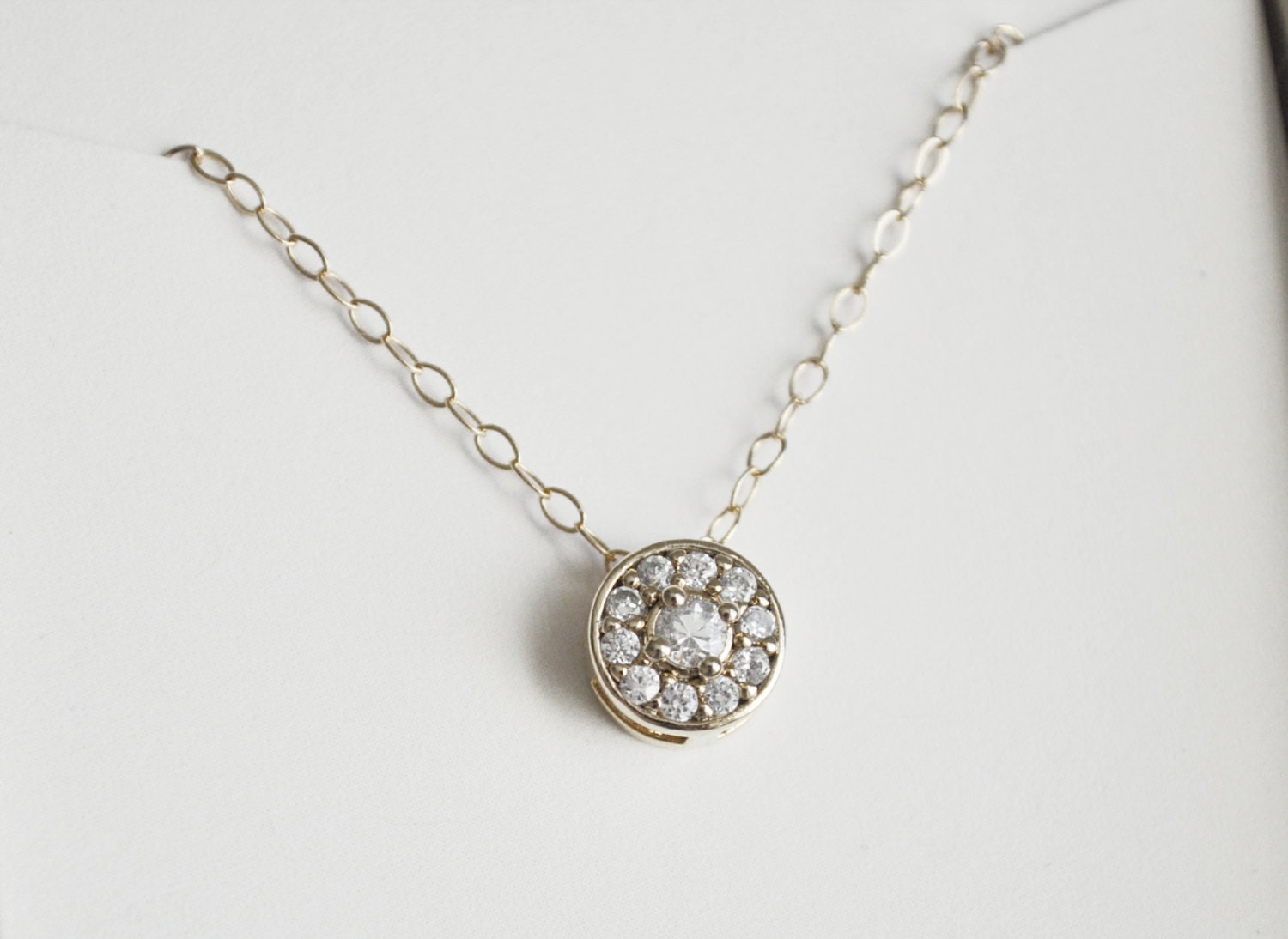 Tiny Rhinestone Necklace - gold circle charm round pendant solitaire simple everyday or wedding jewelry - adenandclaire