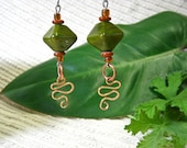 Copper and Lampwork Glass Bead Dangle Earrings - Olive Green with Hammered Copper Squiggles