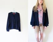 vintage 1980s sweater cardigan // grandpa // navy blue // oversized // size small s // medium m // large l