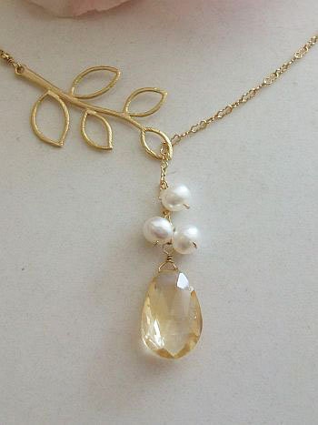 Citrine Necklace - Lariat Style, Pearl Necklace, Golden Branch Neckalce,Birthday gift, Mothers day