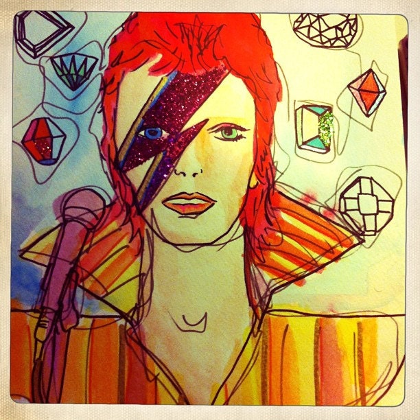 David Bowie Watercolor Sketch with glitter, free shipping