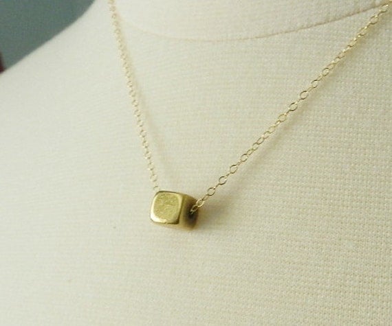 Tiny brass cube, geometric necklace, sleek modern jewelry