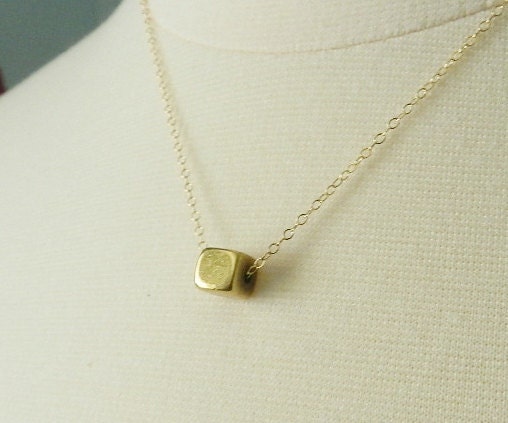 Tiny brass cube, geometric necklace, sleek modern jewelry