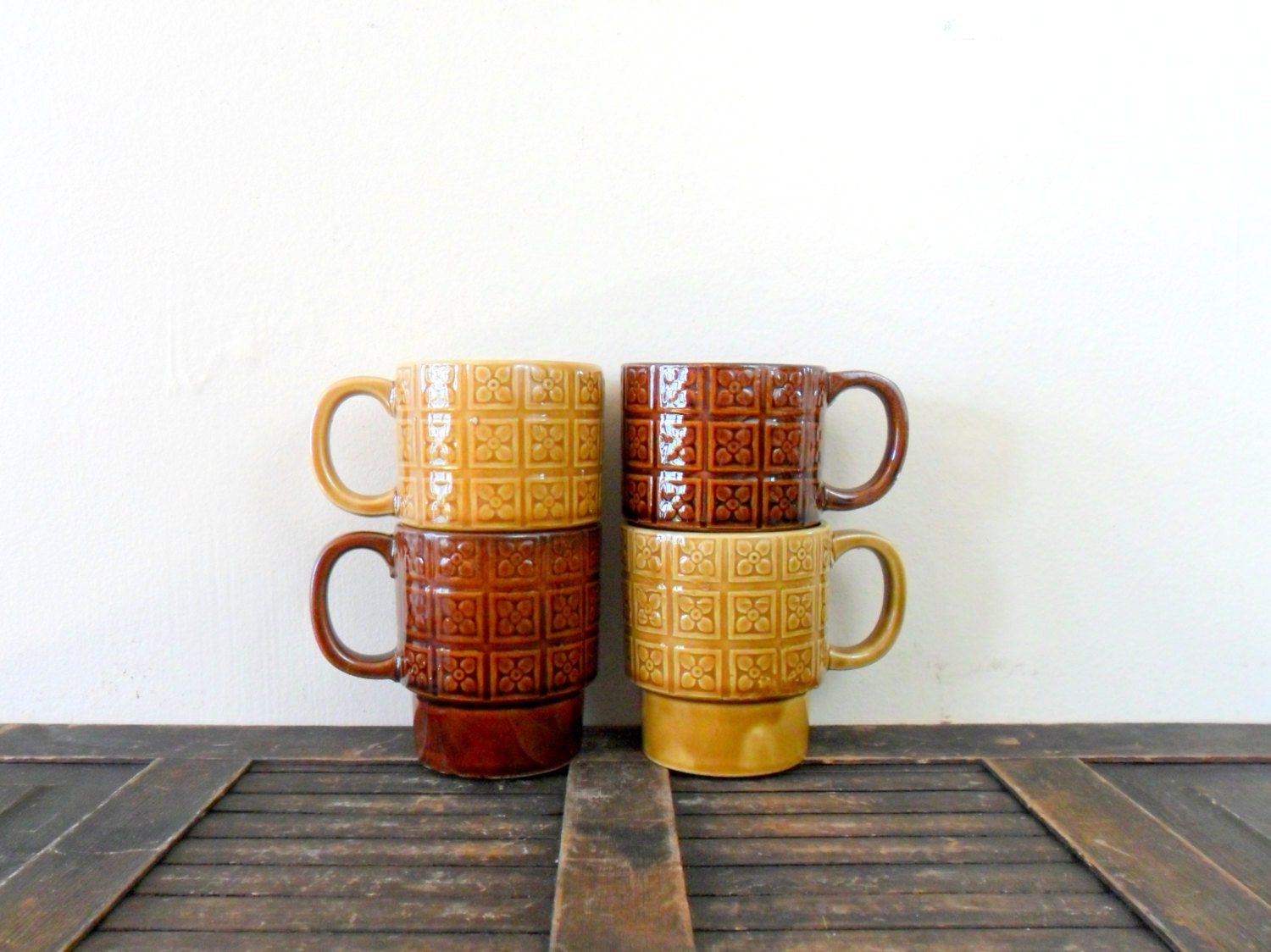 vintage rustic floral detailed ceramic stacking coffee mugs - brown - earthy