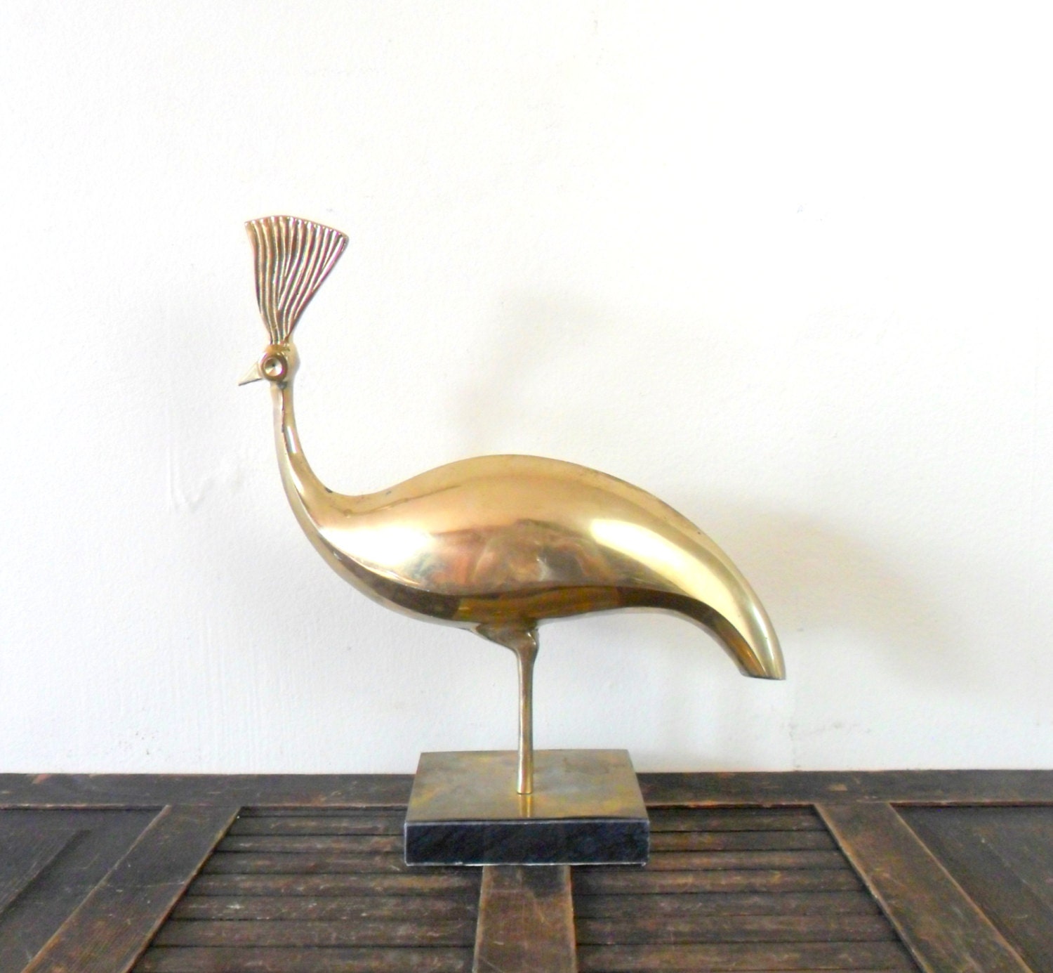 vintage large modernist brass peacock figurine - mid-century - statue