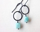 Hoop dangles with aqua amazonite nuggets dangling in oxidized silver / sky blue earrings / spring earrings/ boho chic handmade FREE SHIPPING