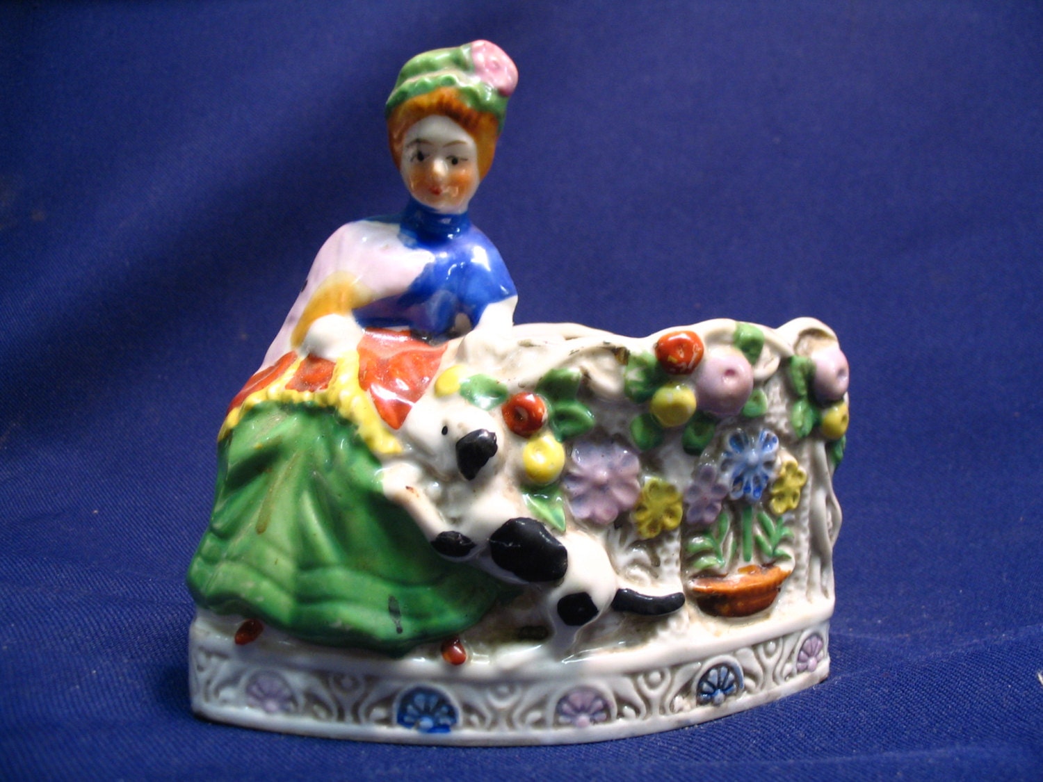 Vintage Figure China LADY DOG FLOWERs planter Made in JAPAN figural porcelain