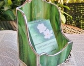 Vertical Business Card Holder Handmade in Sage/Brown Wispy With Silver Embellishments