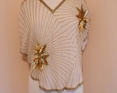 Gorgeous High Fashion One Of A Kind Party Vintage Star Blouse In Cream With Gold Beading And Sequins