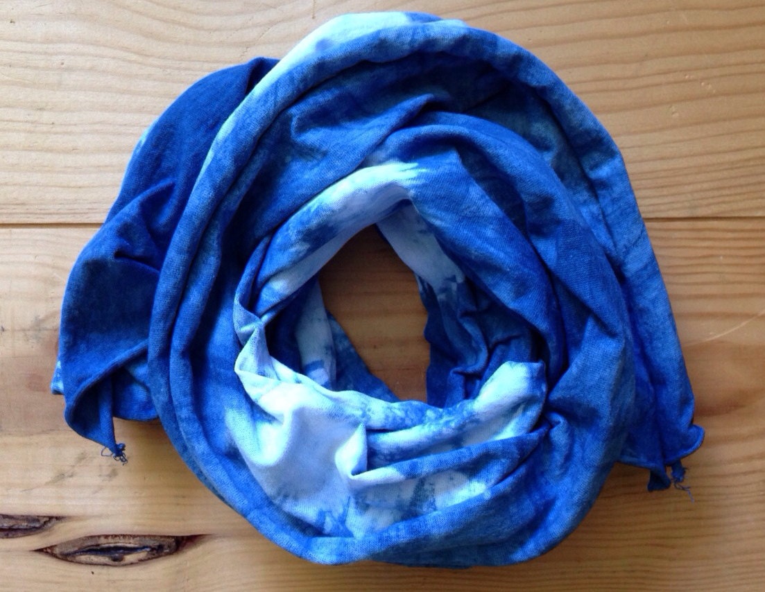 Indigo summer scarf- Naturally hand dyed with Indigo- light, cotton jersey, natural, raw edges