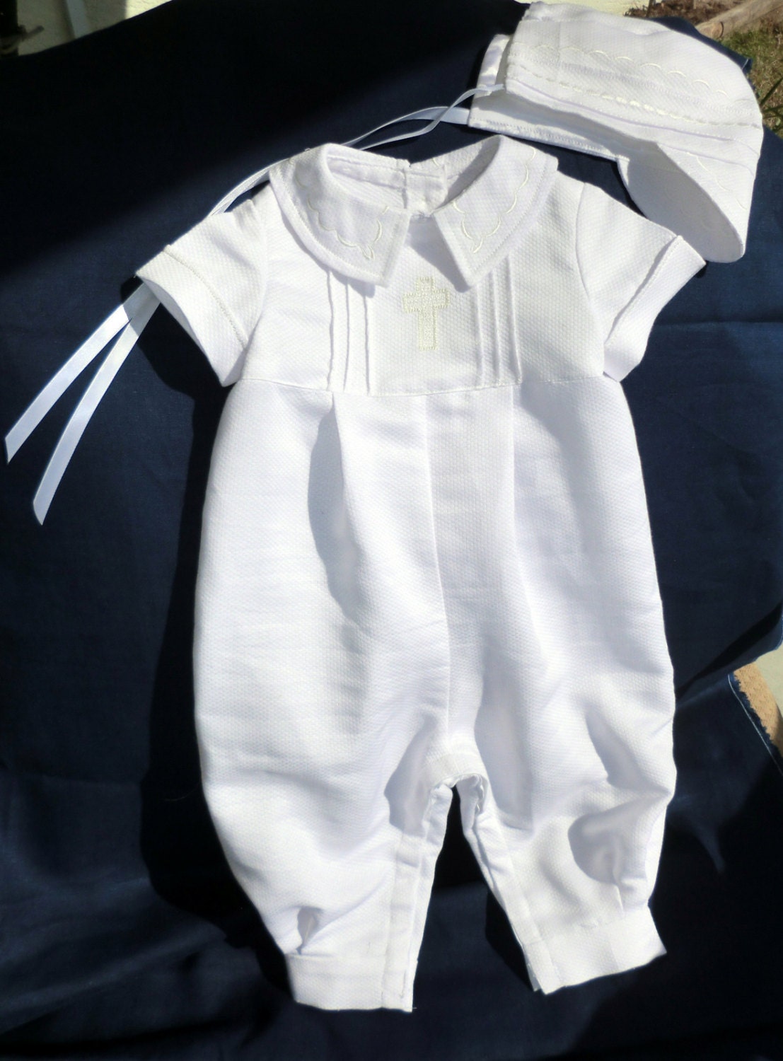 Baby Boy Christening, Baptism, Blessing or Dedication Romper and Hat, Newborn to 18 months, Cotton Sateen or Satin - Custom