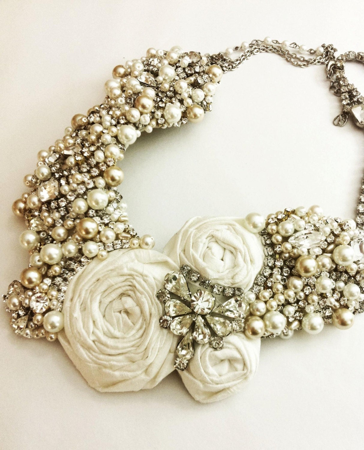 Bridal Statement Necklace- Vintage Rhinestone and Pearls- OOAK- Vintage Glamour