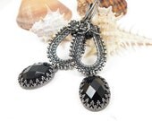 Dangle wire wrap earring , black retro metalwork earring , gemstone fine jewelry , wire wrapped jewelry , sterling silver long earring