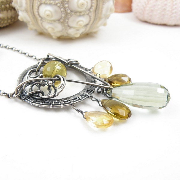 Silver wire wrapped necklace with citrine, smoke quartz and green amethyst, dream catchet