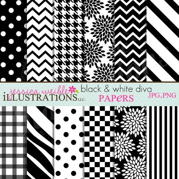Black & White Diva Cute Digital Papers Backgrounds for Invitations, Card Design, Scrapbooking, and Web Design