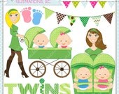 Strollin Double Boy and Girl Cute Digital Clipart for Commercial or Personal Use, TWIN BOY and GIRL Clipart, Twins Stroller Il_170x135