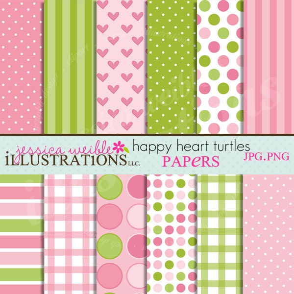 Happy Heart Turtles Cute Digital Papers Backgrounds for Invitations, Card Design, Scrapbooking, and Web Design Il_570xn