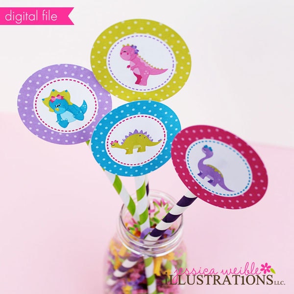 Girly Dinosaurs Theme - Printable Party Tags - Cupake Toppers - Printable Party Favors - Dinosaur Party Printables Il_570xn
