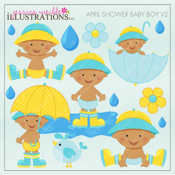 April Shower Baby Boy V2 Cute Digital Clipart for Invitations, Card Design, Scrapbooking, and Web Design, Spring Clipart Il_570xn