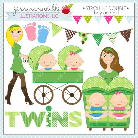 Strollin Double Boy and Girl Cute Digital Clipart for Commercial or Personal Use, TWIN BOY and GIRL Clipart, Twins Stroller Il_570xn