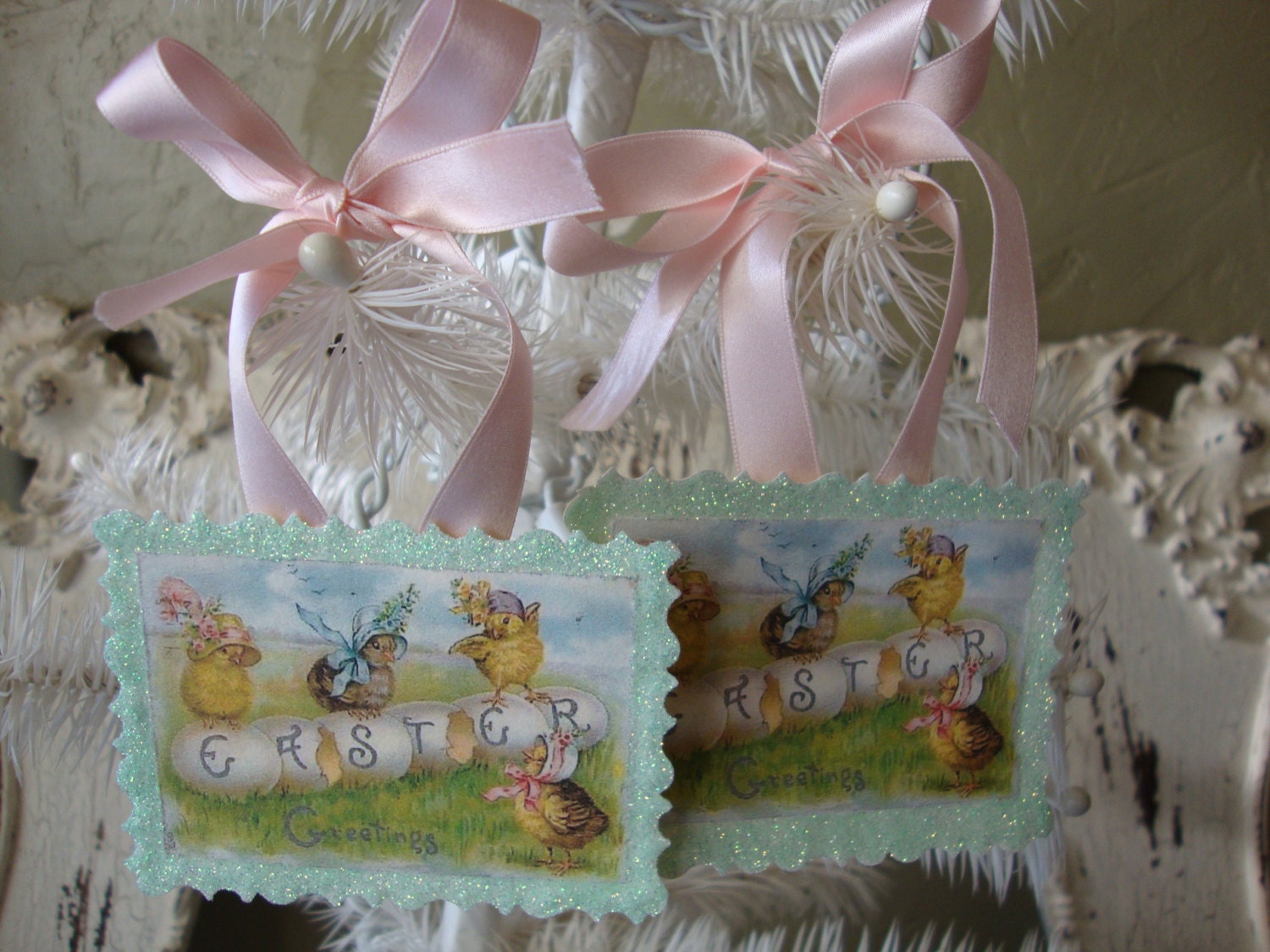 Easter Farmhouse tags cute chickens and chicks victorian easter tags pink and mint green glittered gift tag ornaments