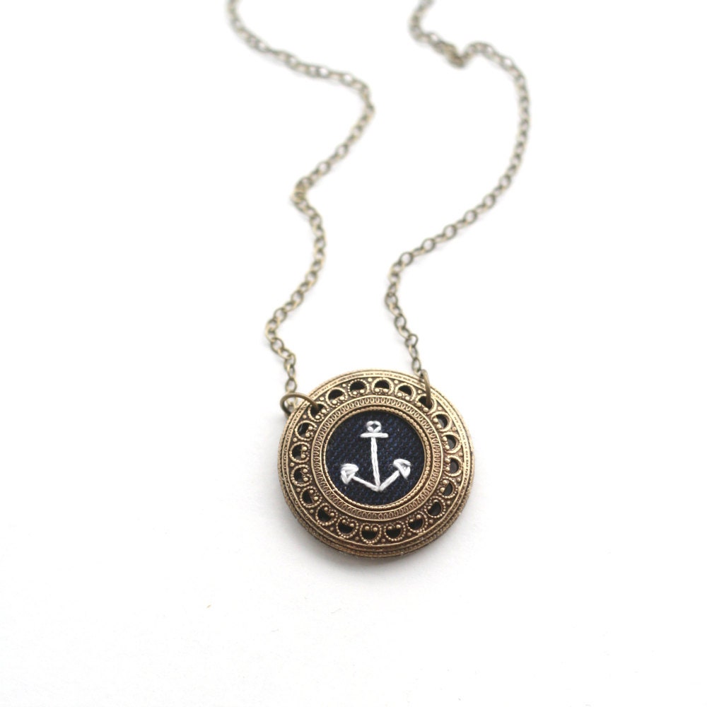Anchors Aweigh- hand embroidered necklace, anchor, nautical, navy, white