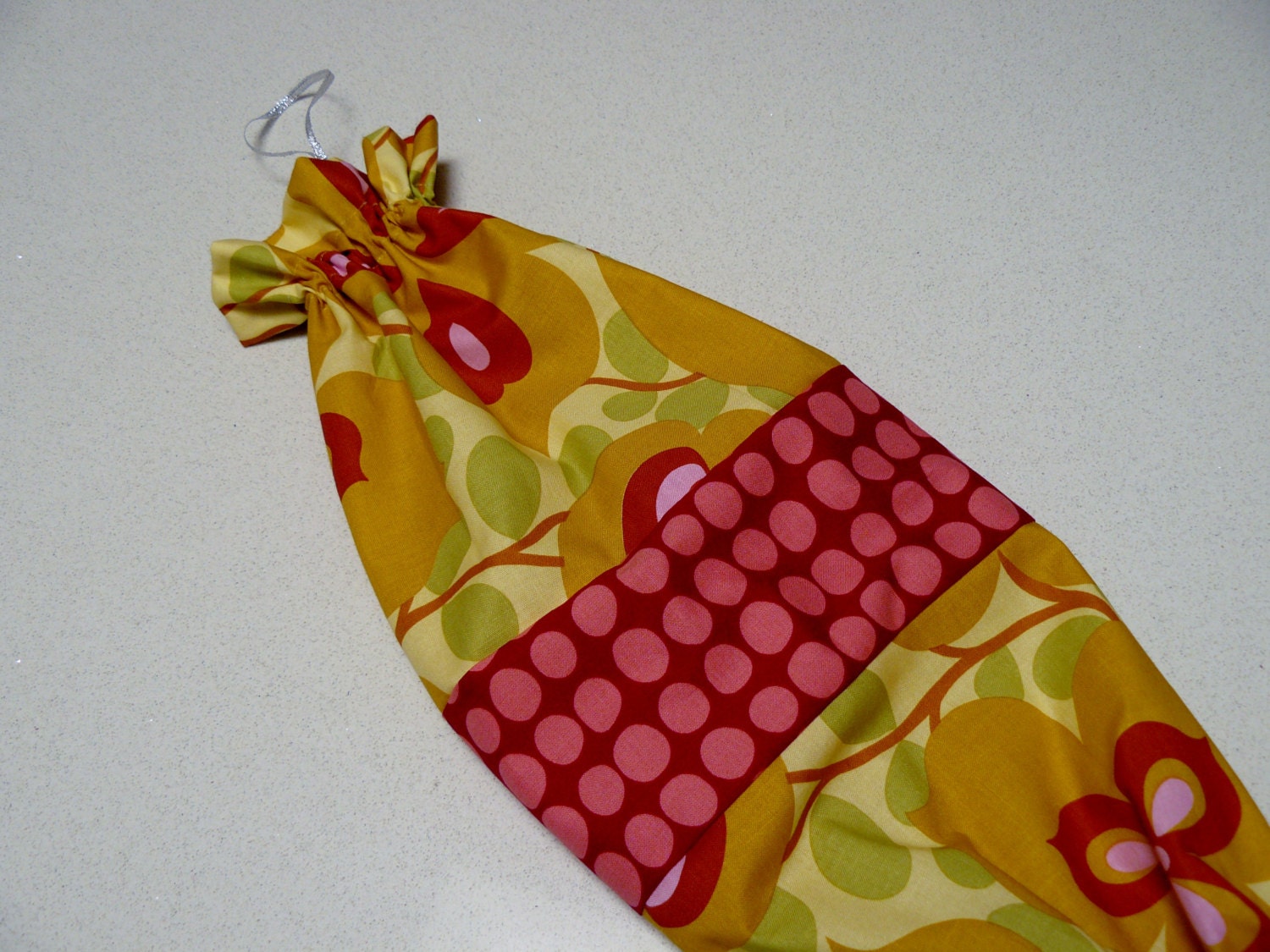 Grocery Bag Holder - Amy Butler mustard with burgandy red dots