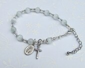White Rosary Bracelet with Catseye Beads and Silver medals