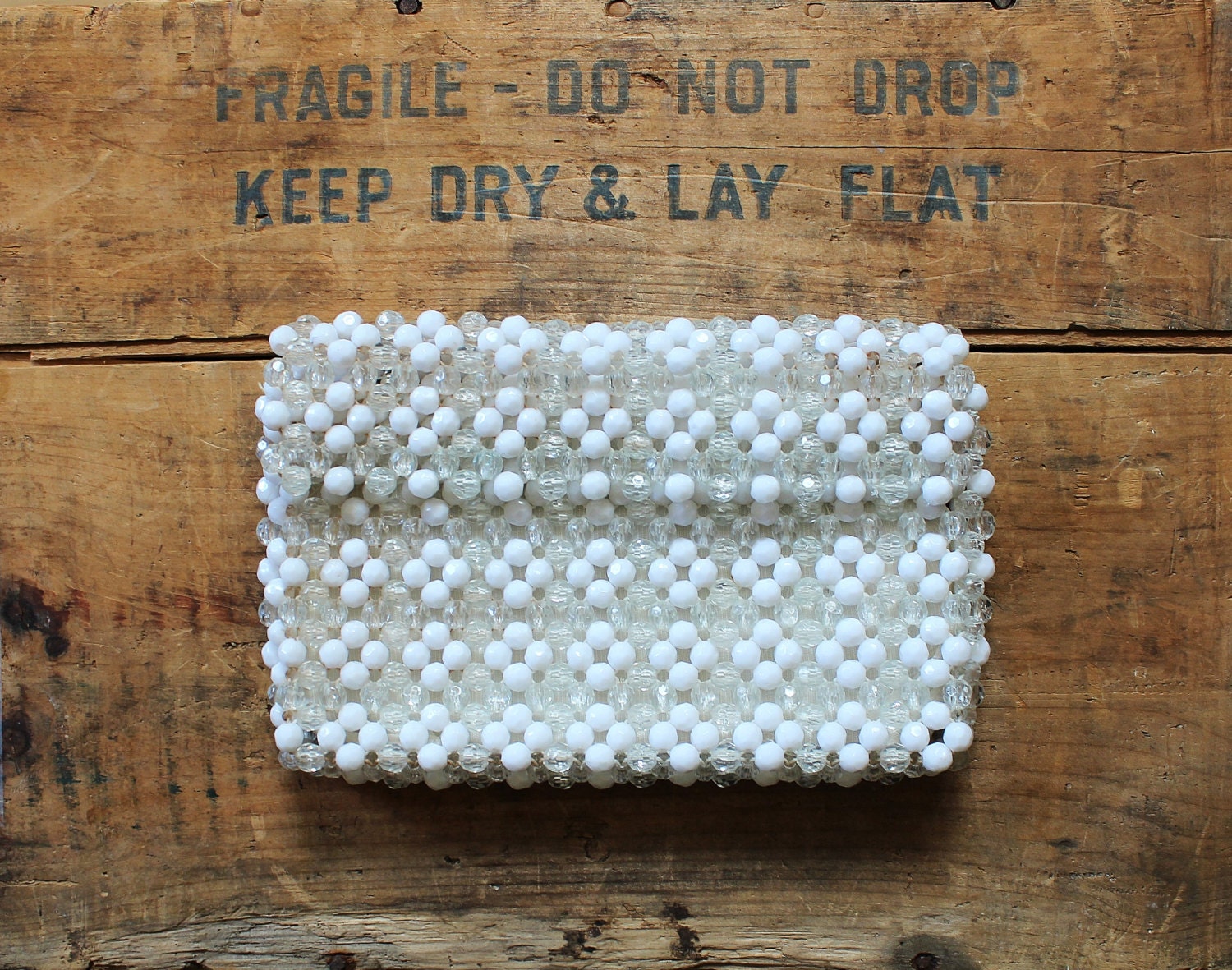 60s purse - vintage beaded clutch - white plastic bead purse - mod go-go - envelope clutch