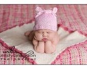 Baby Hat, Knit Newborn Kitten / Bear Ears, Hand Knitted Infant Cap, Valentine's Day, RTS, Ready To Ship, NB, 0-3 Months, Photography Prop