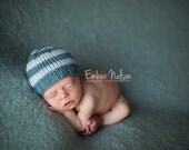 READY TO SHIP, Knitted Newborn Baby Hat, Hand Knit Infant Cap, Storm Blue and Light Gray, Photo Prop, 0-3 mo 3-6 mo Beanie R T S