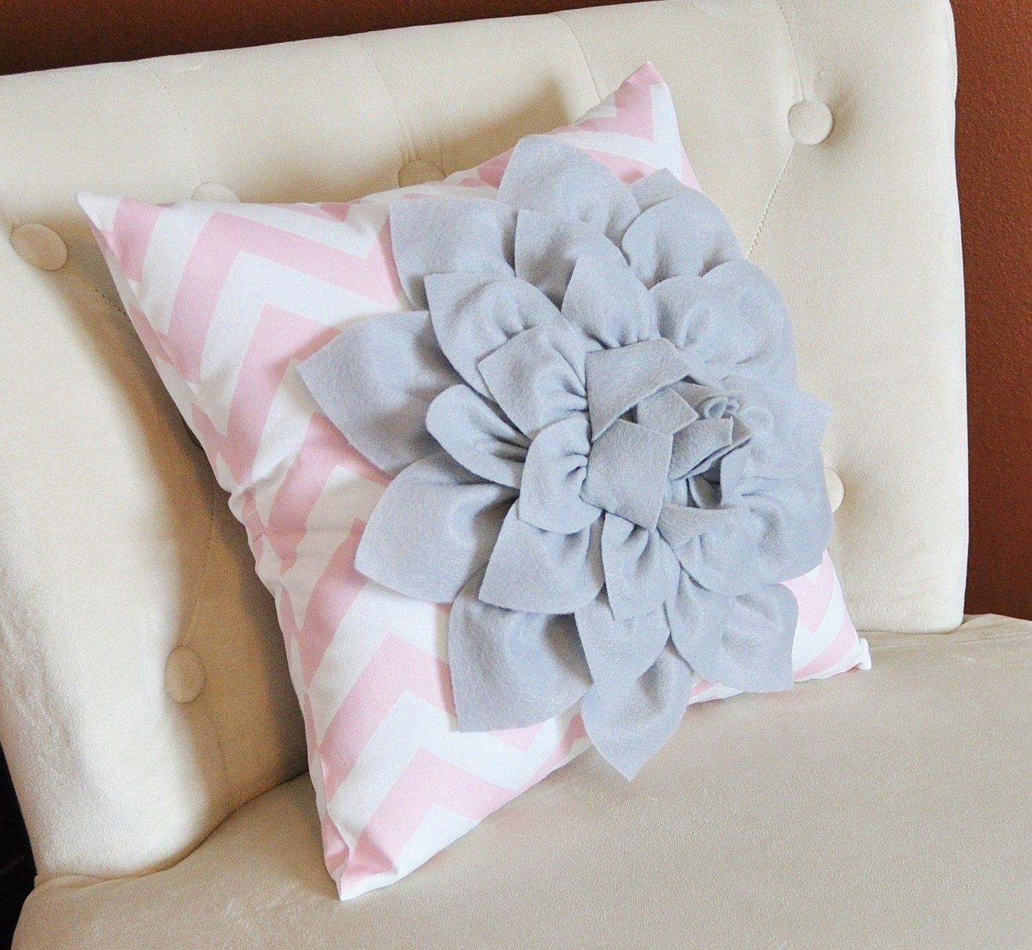 Gray Dahlia on Light Pink and White Zigzag Pillow -Decorative Chevron Pillow-