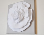 TWO Rose Wall Hangings -White Rose on Solid Light Gray 12 x12" Canvases Wall Art- 3D Felt Flower
